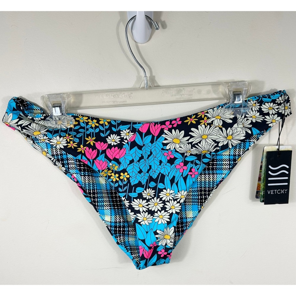Vetchy Bikini Bottoms Womens L Laguna Reversible Flower Power & Plaid NEW Summer